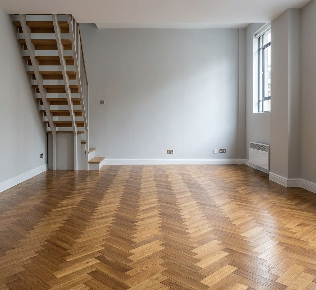 Oak herringbone parquet with staircase