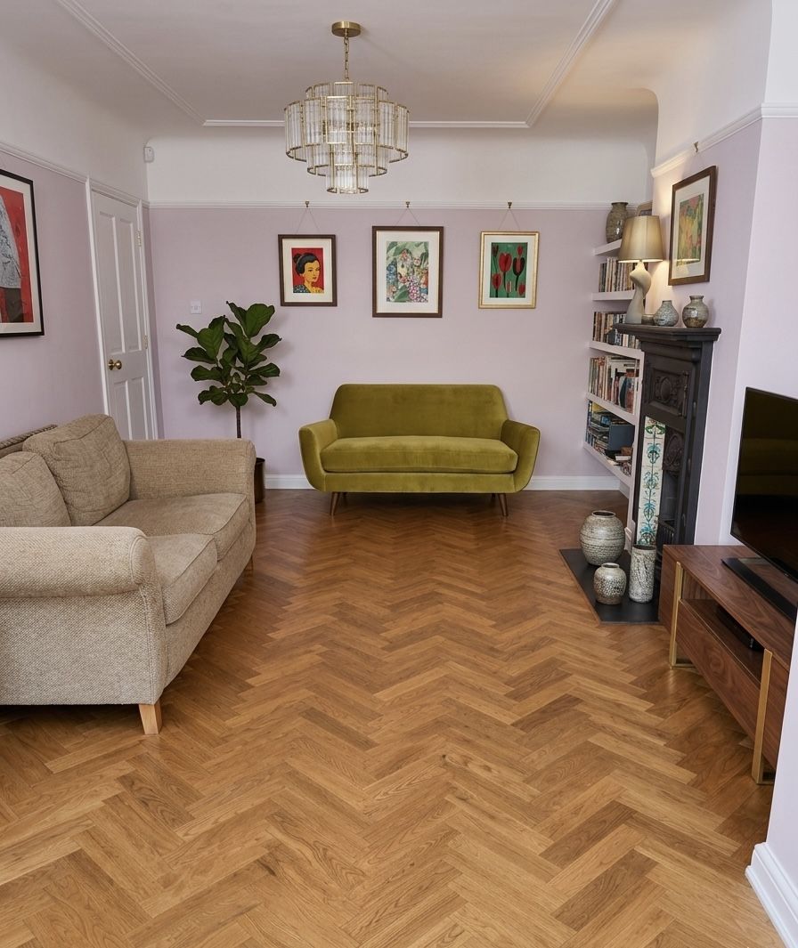Golden oak herringbone living room