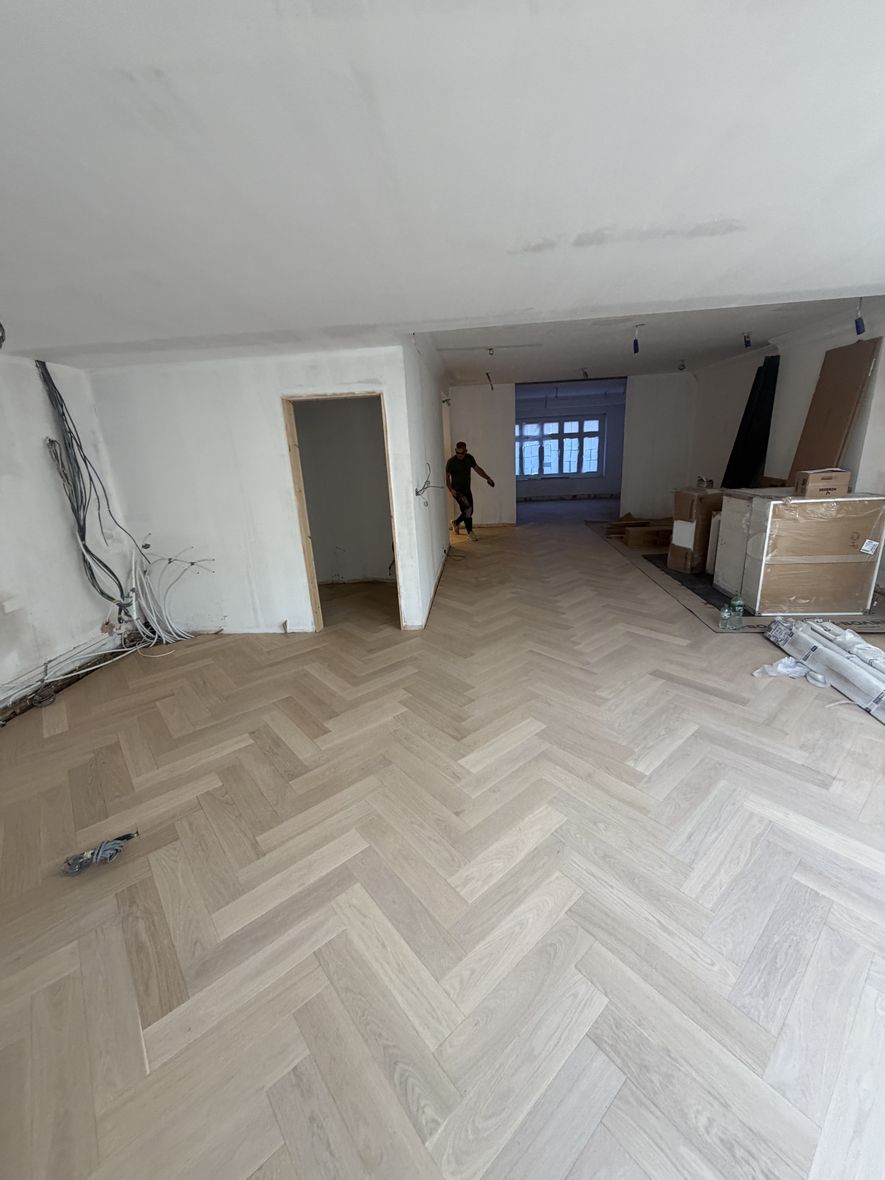 Herringbone oak install in progress, Cambridge