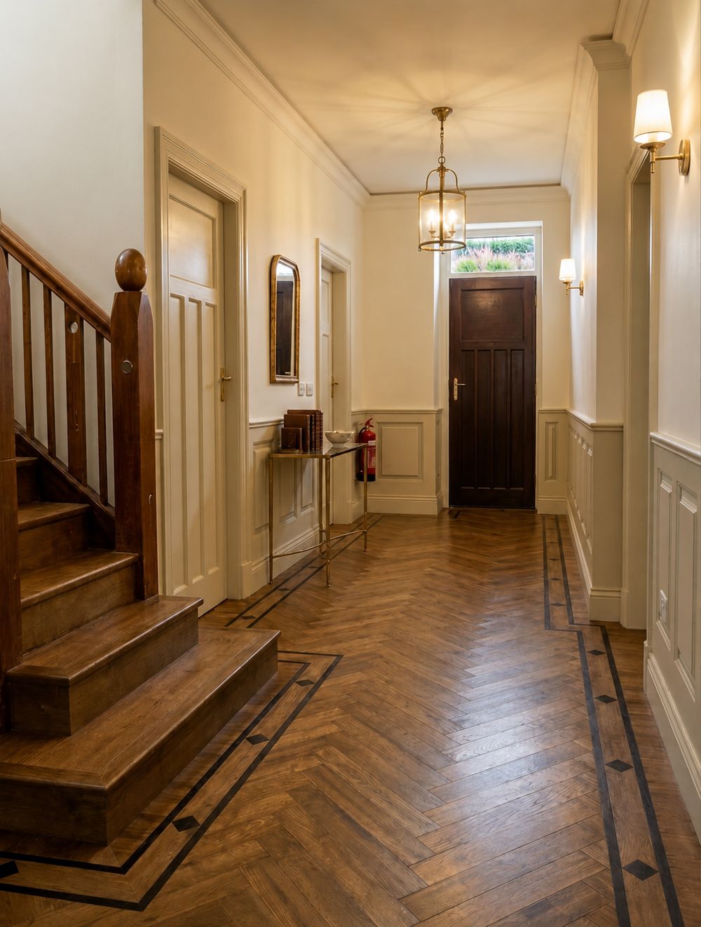 Herringbone flooring with stairs and border