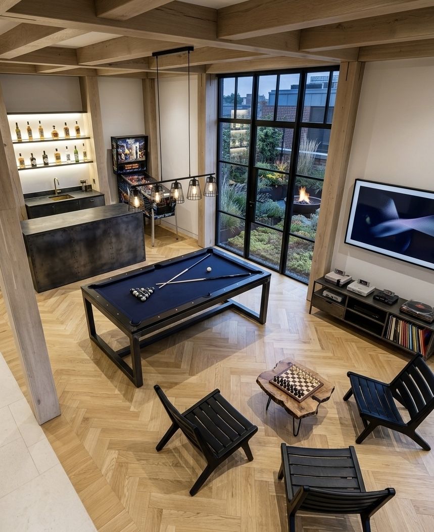 Light oak herringbone, games room